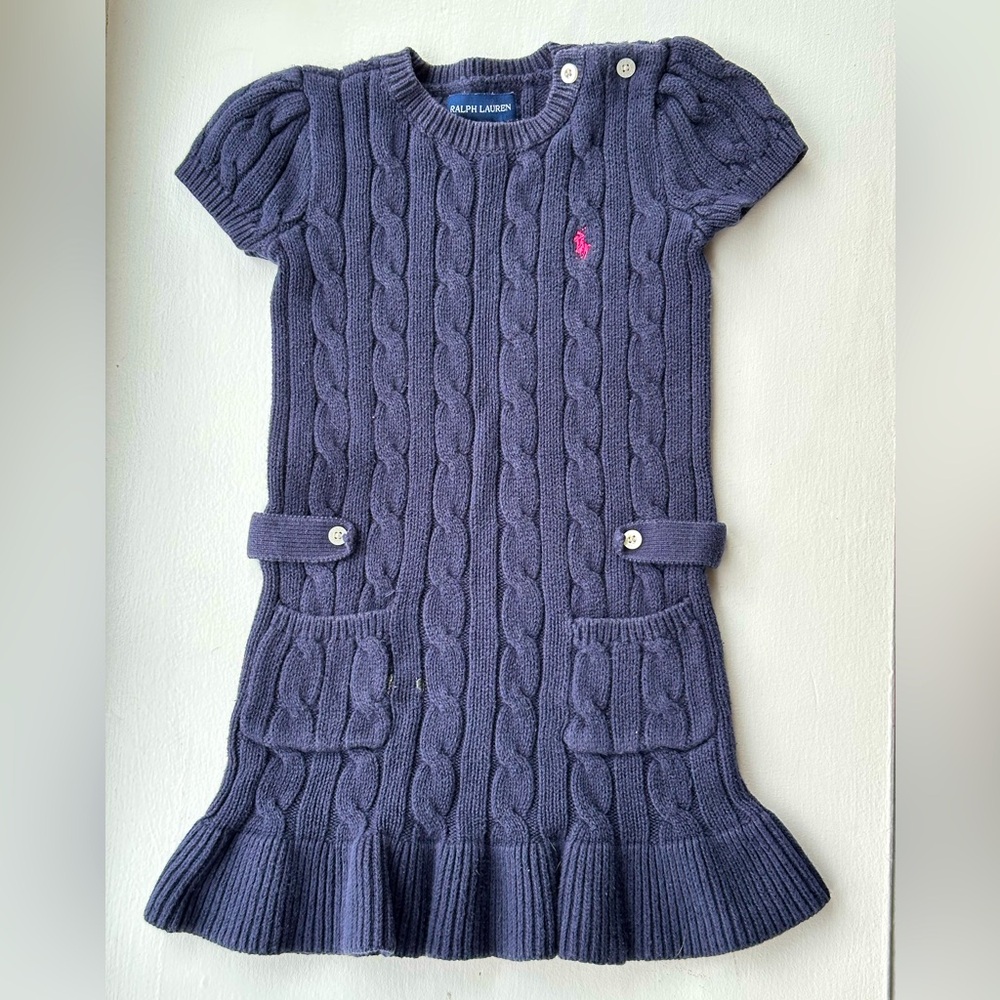 Ralph Lauren Navy Cable-Knit Short Sleeve Dress with Pink Pony